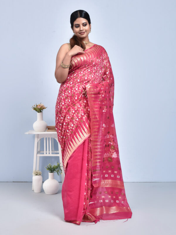 Fuchsia Pink Jamdani Design Banaras Cotton Silk Saree - Image 3