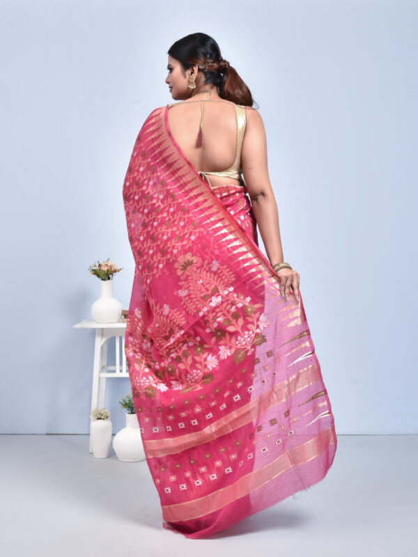 Fuchsia Pink Jamdani Design Banaras Cotton Silk Saree - Image 2