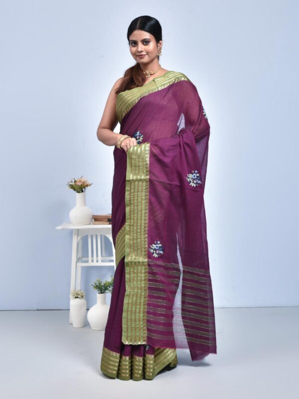 Purple South Cotton Saree with Hand Embroidered Floral Design