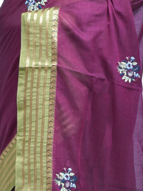 Purple South Cotton Saree with Hand Embroidered Floral Design - Image 6
