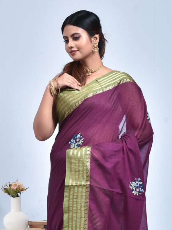 Purple South Cotton Saree with Hand Embroidered Floral Design - Image 4