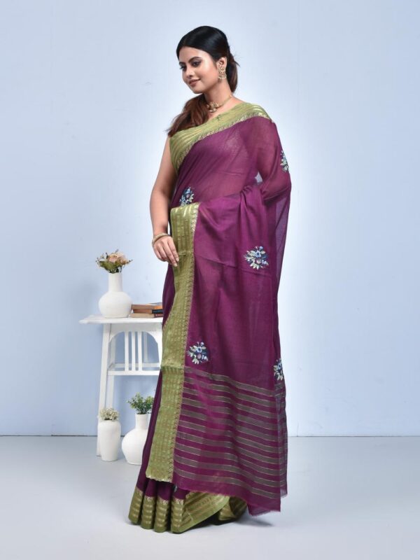 Purple South Cotton Saree with Hand Embroidered Floral Design - Image 5