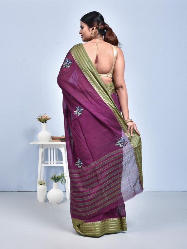 Purple South Cotton Saree with Hand Embroidered Floral Design - Image 2
