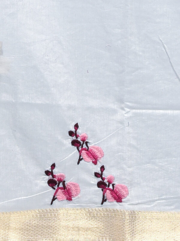 White Orchid Flower Design Hand Embroidered Chanderi Saree - Image 7
