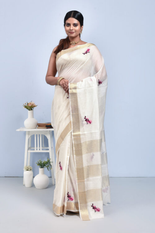 White Orchid Flower Design Hand Embroidered Chanderi Saree