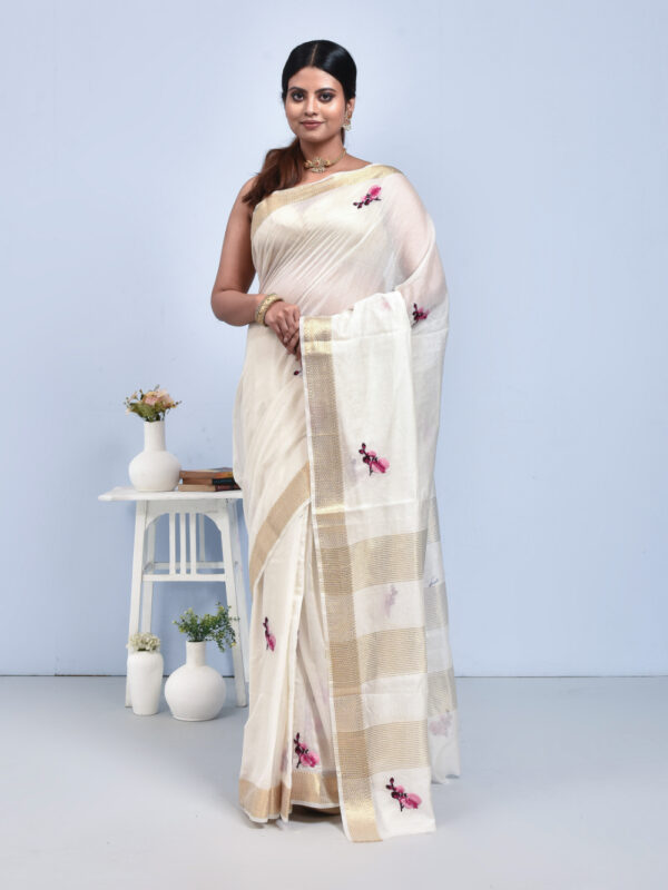 White Orchid Flower Design Hand Embroidered Chanderi Saree