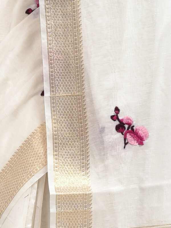 White Orchid Flower Design Hand Embroidered Chanderi Saree - Image 6