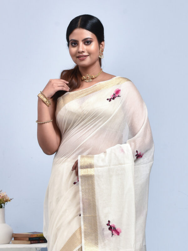 White Orchid Flower Design Hand Embroidered Chanderi Saree - Image 5