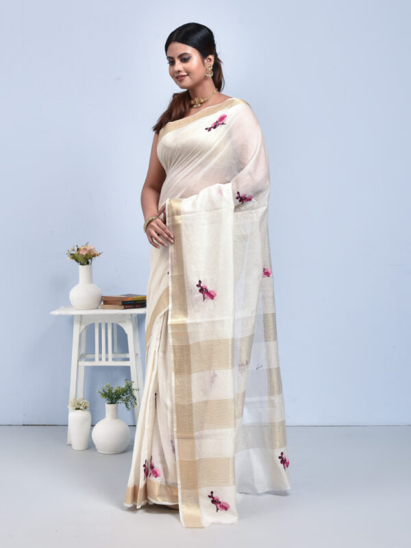 White Orchid Flower Design Hand Embroidered Chanderi Saree - Image 4