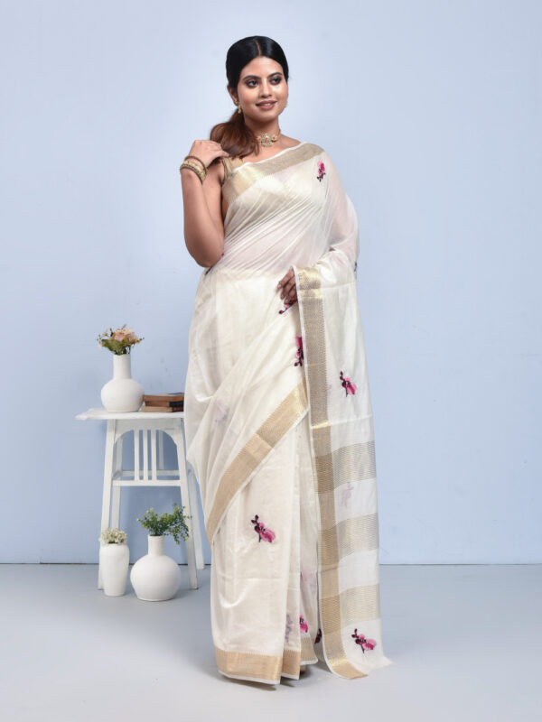 White Orchid Flower Design Hand Embroidered Chanderi Saree - Image 3