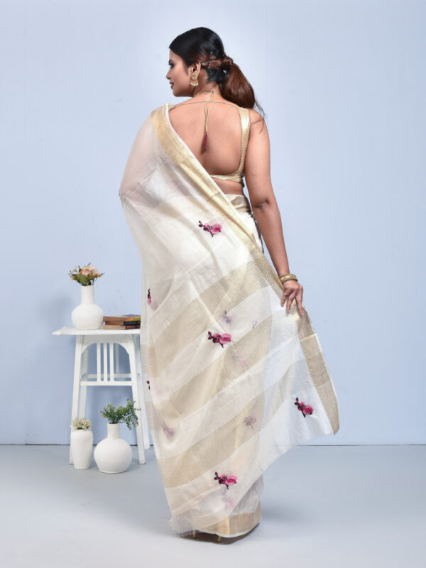 White Orchid Flower Design Hand Embroidered Chanderi Saree - Image 2