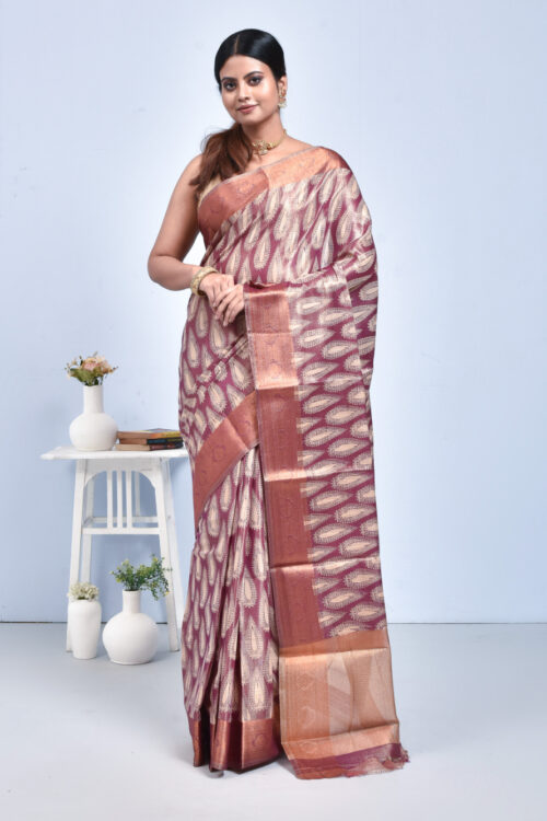 Maroon Kolki Print Kanjeevaram Tissue Saree