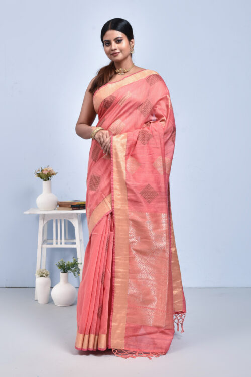 Peach Jute Silk Saree with Diamond Design Zari Work