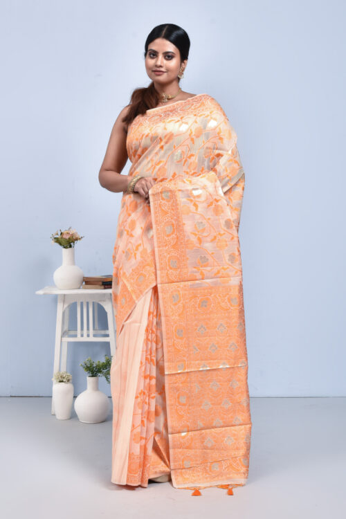 Orange Jamdani Design Linen Saree