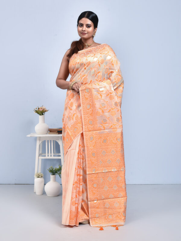 Orange Jamdani Design Linen Saree