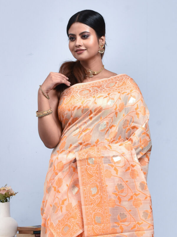 Orange Jamdani Design Linen Saree - Image 5