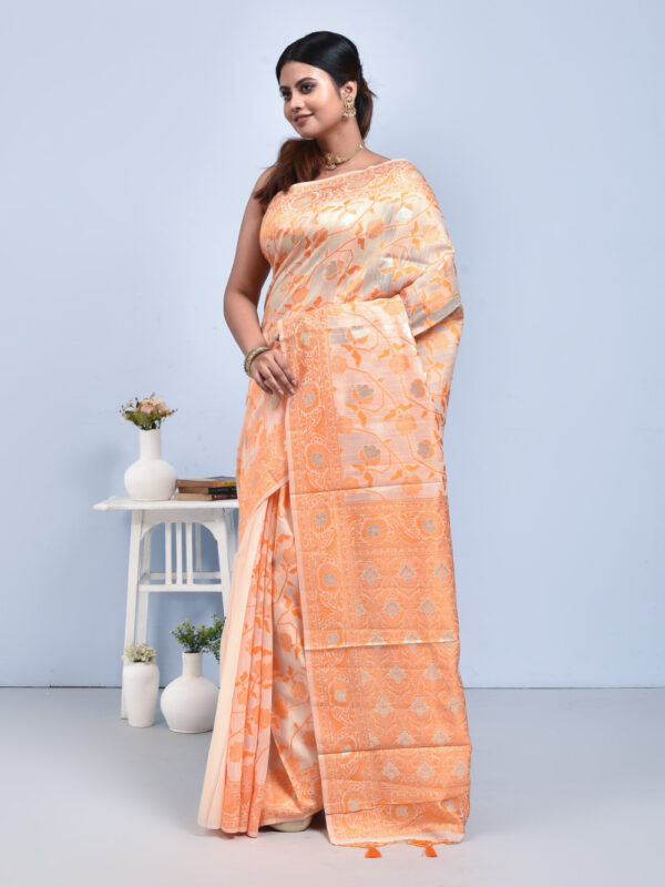Orange Jamdani Design Linen Saree - Image 4