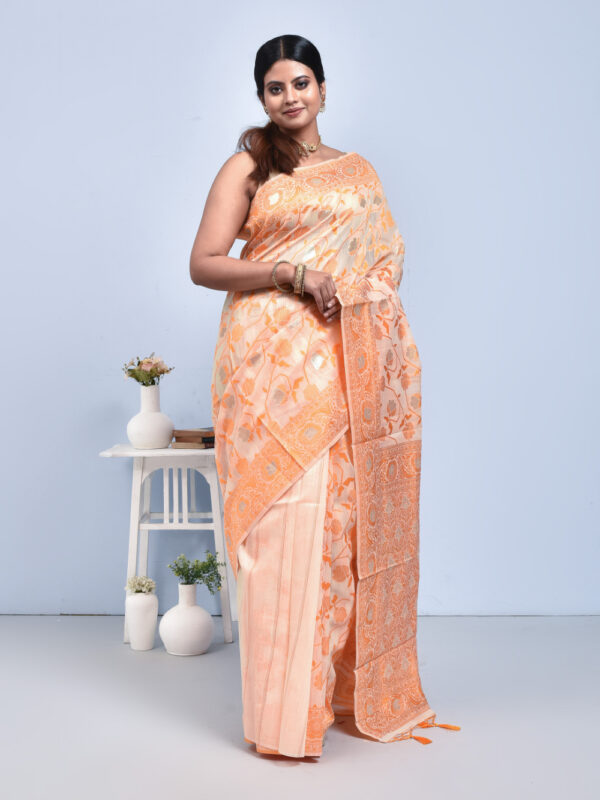 Orange Jamdani Design Linen Saree - Image 3