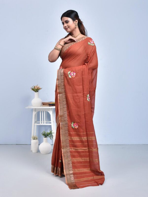 Light Brown South Cotton Saree with Hand Embroidered Rose Design - Image 5