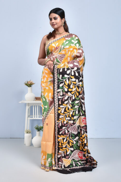 Yellow Batik Owl Design Hand Embroidered Silk Saree