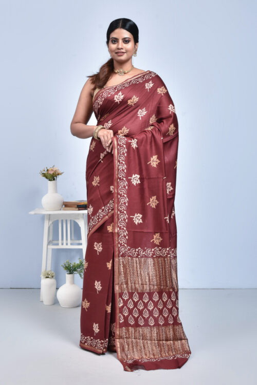 Maroon Maple Leaf Design Block Printed Maheshwari Semi Silk Saree