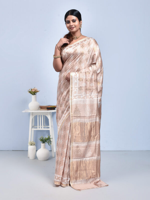 Cream Kolki Design Block Printed Maheshwari Semi Silk Saree
