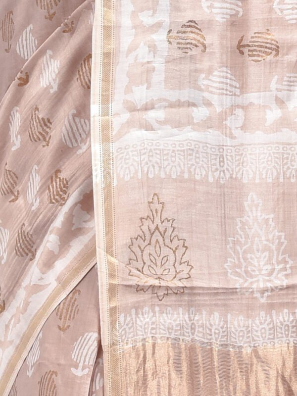 Cream Kolki Design Block Printed Maheshwari Semi Silk Saree - Image 6