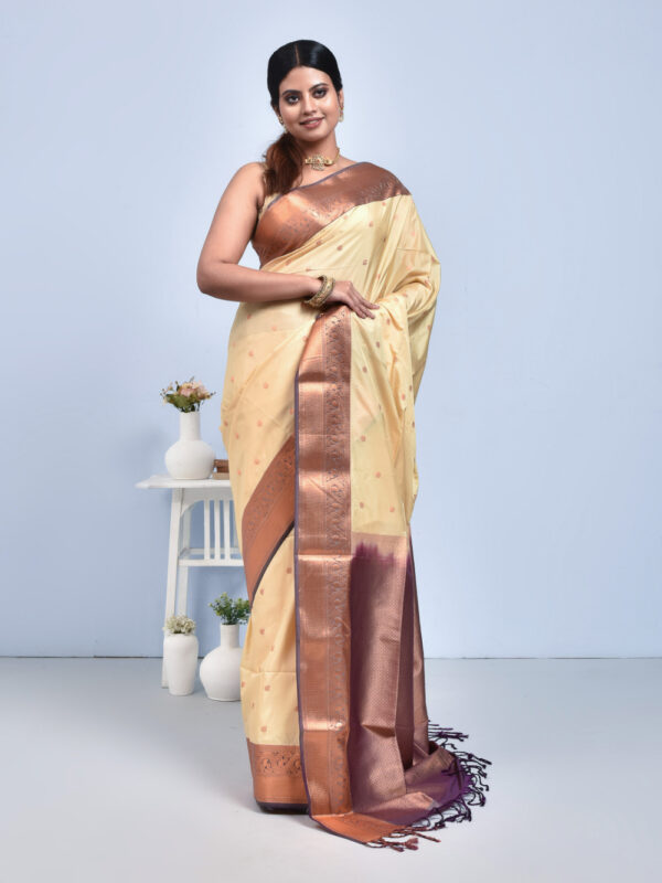 Beige Hand Woven Kanjeevaram Silk Saree with Purple Border - Image 3