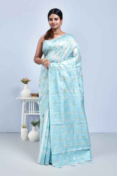 Sea Green Jamdani Design Linen Saree