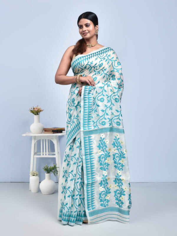 White Floral Jaal Design Bengal Tussar Silk Saree - Image 3