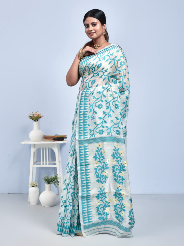White Floral Jaal Design Bengal Tussar Silk Saree - Image 4