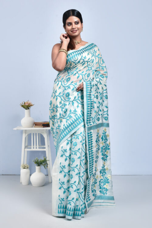 White Floral Jaal Design Bengal Tussar Silk Saree