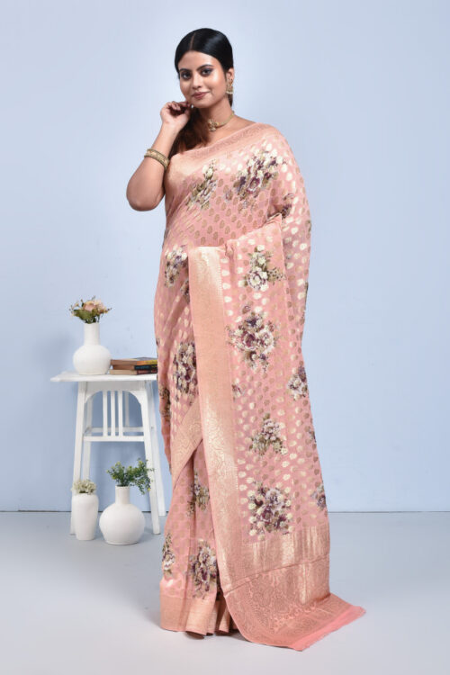 Peach Printed Banaras Khaddi Georgette Saree