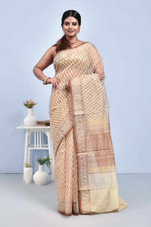 Off-White Banaras Kota Doria Saree with Block Prints
