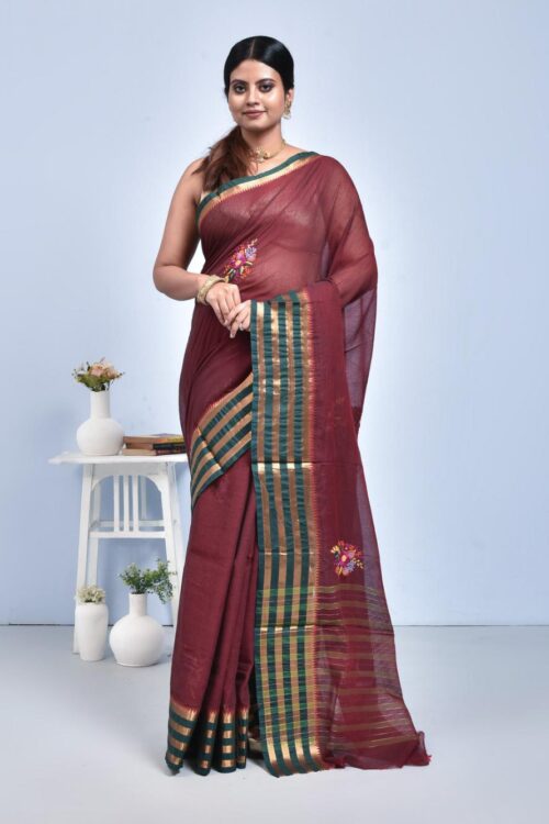 Brown South Cotton Saree with Hand Embroidered Floral Design