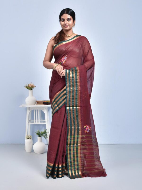 Brown South Cotton Saree with Hand Embroidered Floral Design