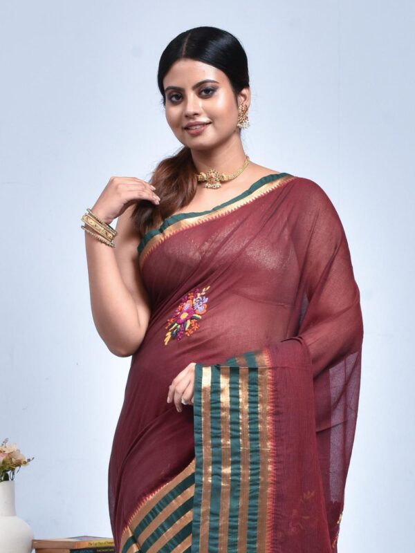 Brown South Cotton Saree with Hand Embroidered Floral Design - Image 4