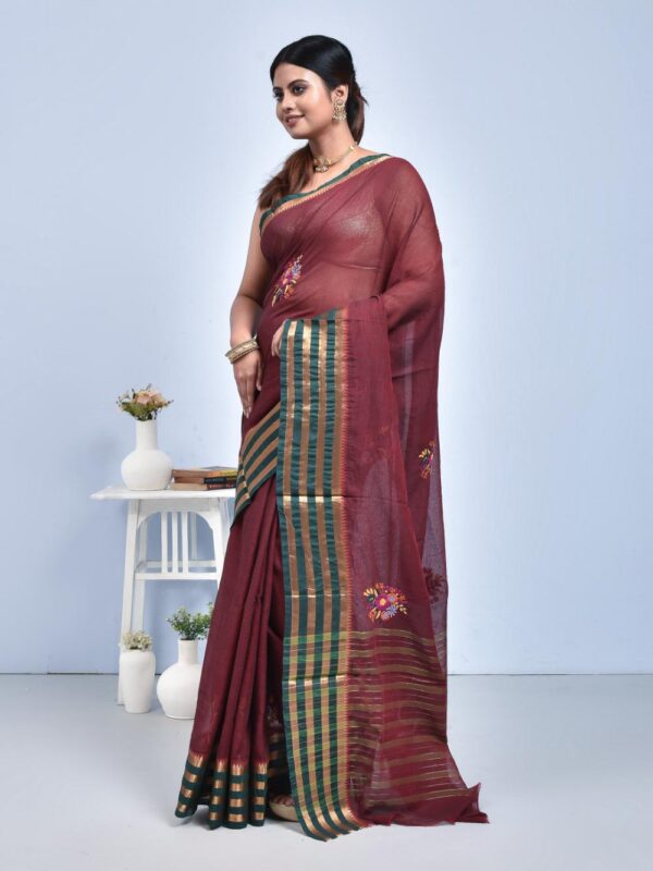 Brown South Cotton Saree with Hand Embroidered Floral Design - Image 5