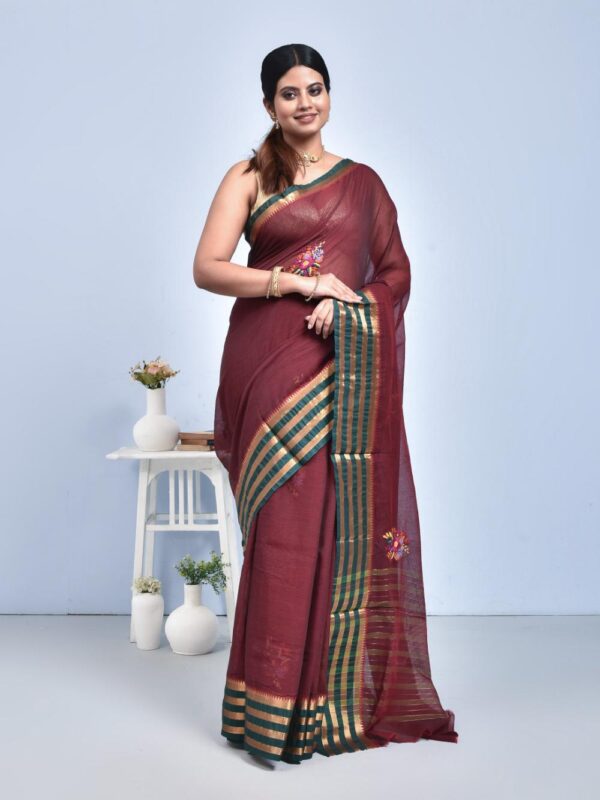 Brown South Cotton Saree with Hand Embroidered Floral Design - Image 2