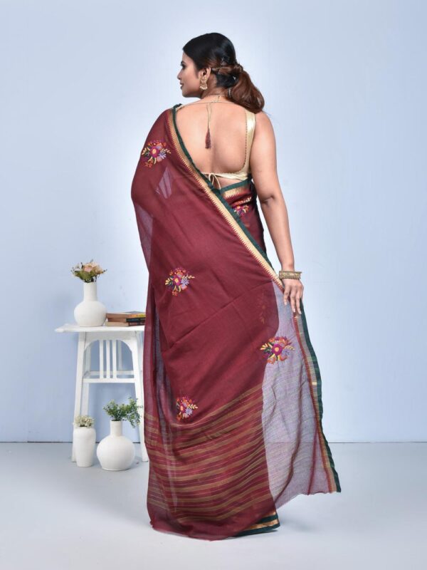 Brown South Cotton Saree with Hand Embroidered Floral Design - Image 3