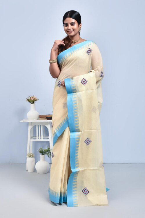 Off-white Hand Embroidered Pure Cotton Saree with Sky Blue Border