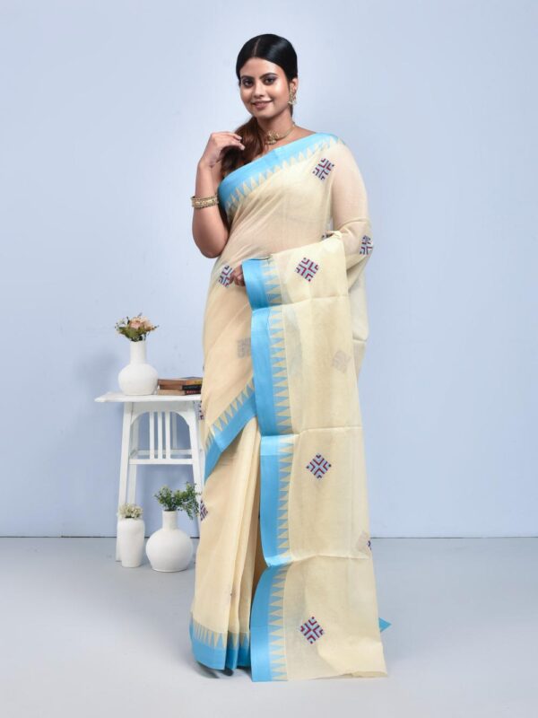 Off-white Hand Embroidered Pure Cotton Saree with Sky Blue Border