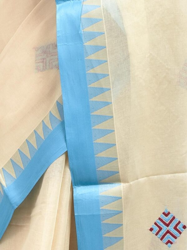 Off-white Hand Embroidered Pure Cotton Saree with Sky Blue Border - Image 6