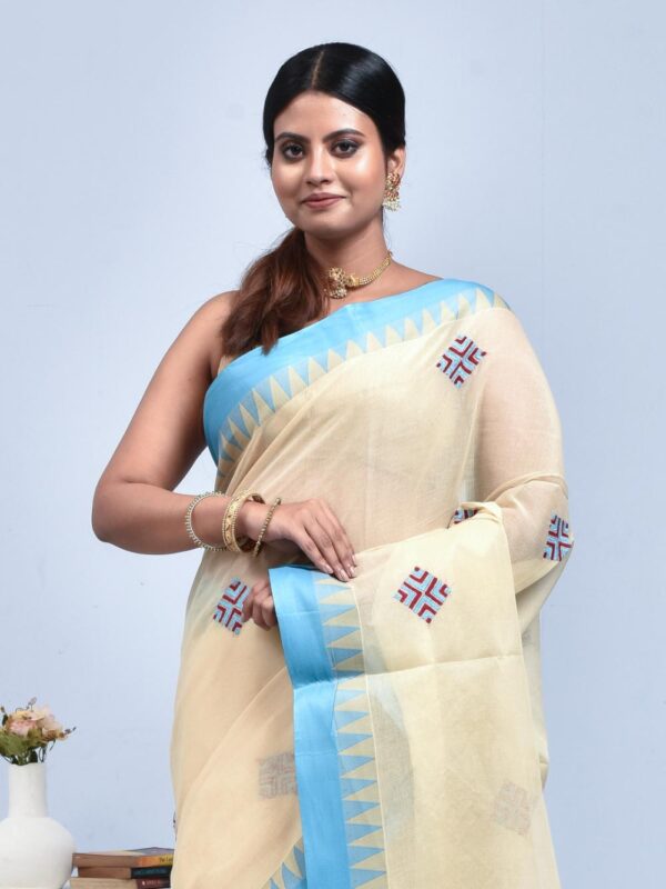Off-white Hand Embroidered Pure Cotton Saree with Sky Blue Border - Image 5