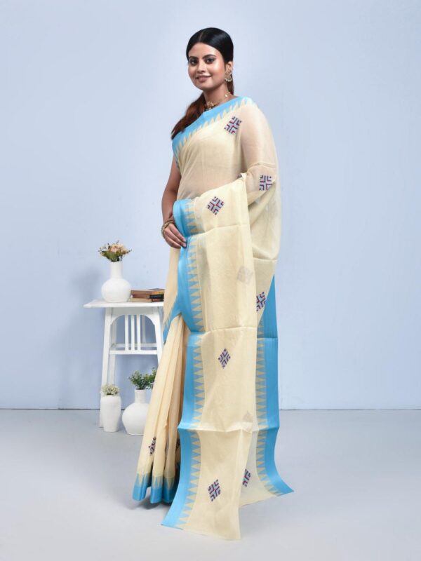 Off-white Hand Embroidered Pure Cotton Saree with Sky Blue Border - Image 4