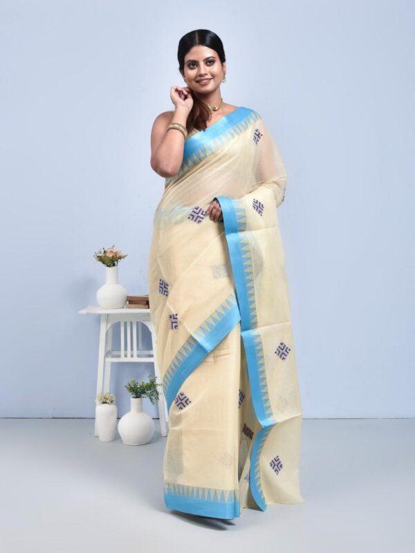 Off-white Hand Embroidered Pure Cotton Saree with Sky Blue Border - Image 3