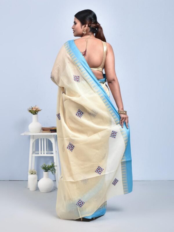 Off-white Hand Embroidered Pure Cotton Saree with Sky Blue Border - Image 2