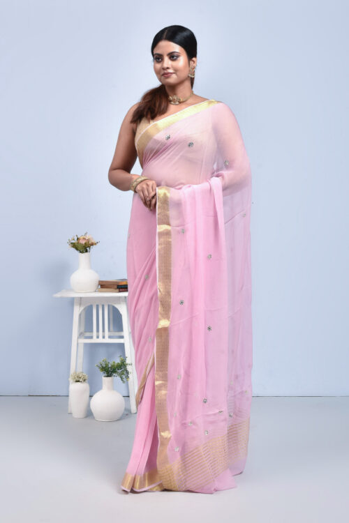 Pink Georgette Saree with Mirror Work
