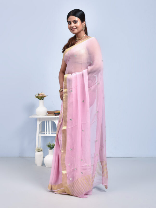 Pink Georgette Saree with Mirror Work - Image 4