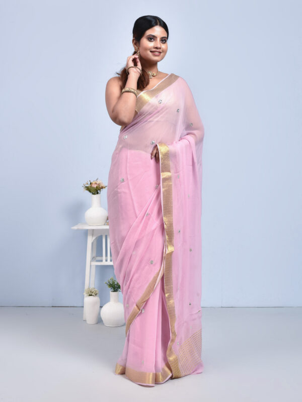 Pink Georgette Saree with Mirror Work - Image 3